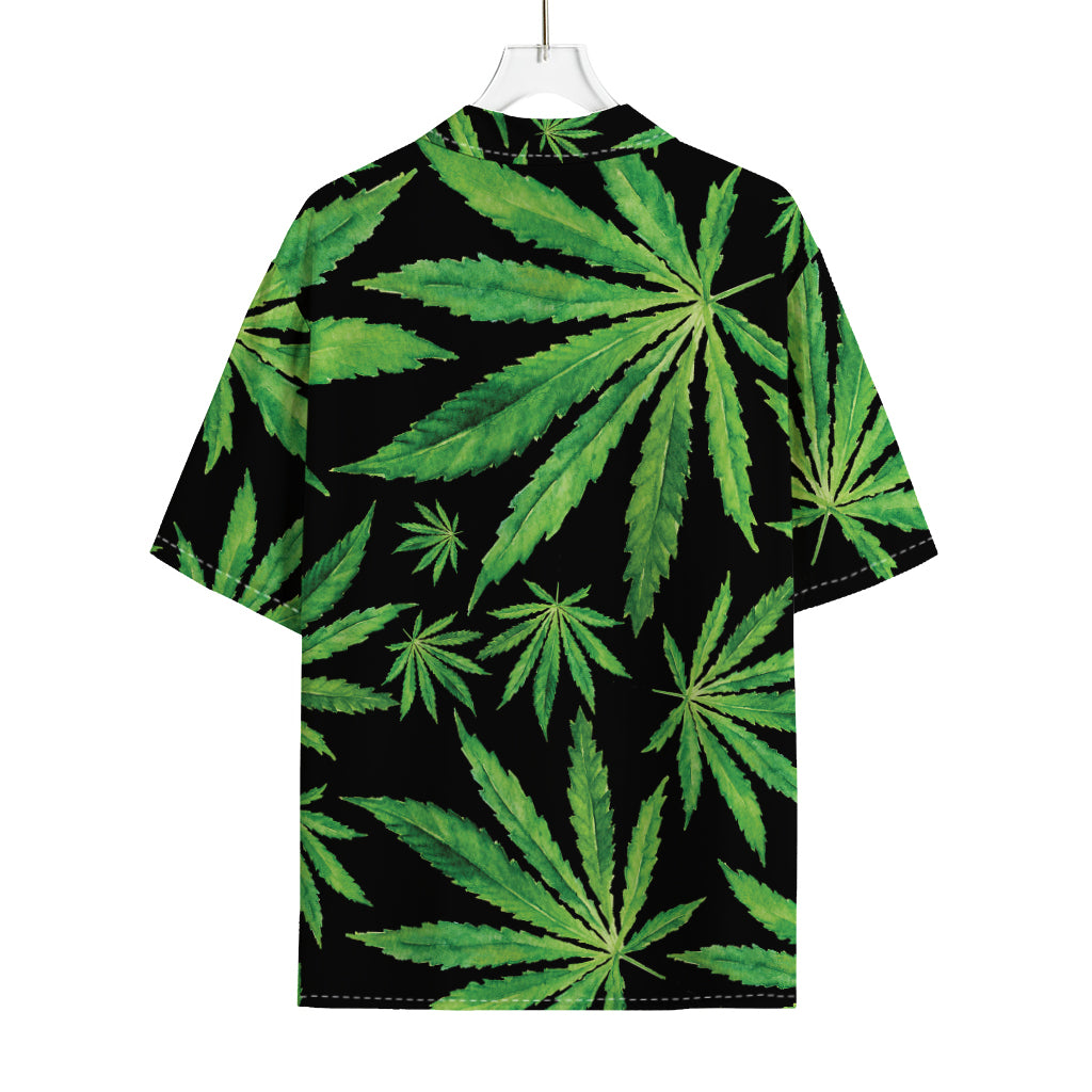 Watercolor Marijuana Leaf Pattern Print Rayon Hawaiian Shirt