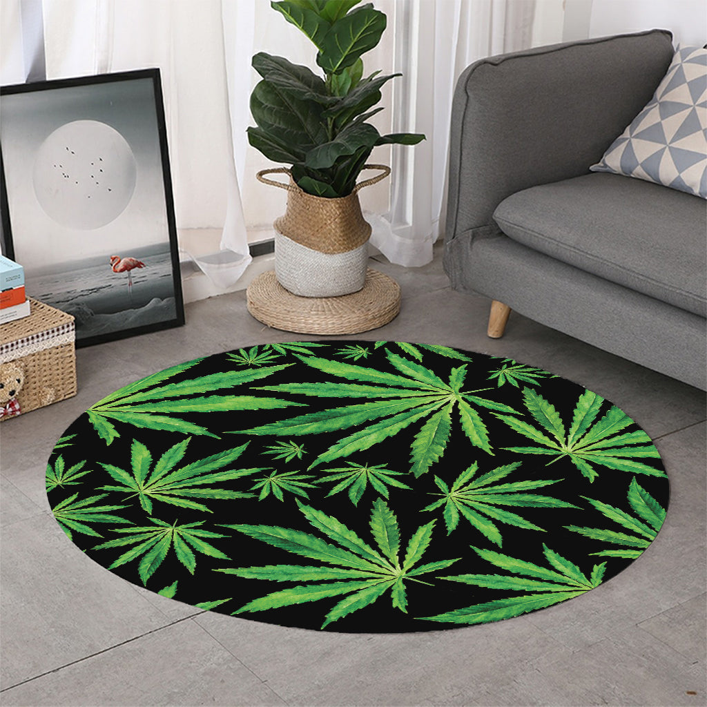 Watercolor Marijuana Leaf Pattern Print Round Rug