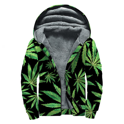 Watercolor Marijuana Leaf Pattern Print Sherpa Lined Zip Up Hoodie