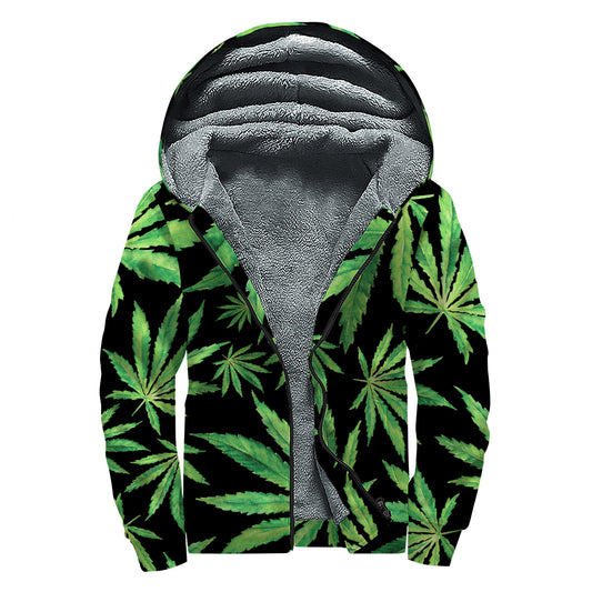 Watercolor Marijuana Leaf Pattern Print Sherpa Lined Zip Up Hoodie