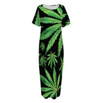 Watercolor Marijuana Leaf Pattern Print Short Sleeve Long Nightdress