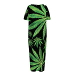 Watercolor Marijuana Leaf Pattern Print Short Sleeve Long Nightdress