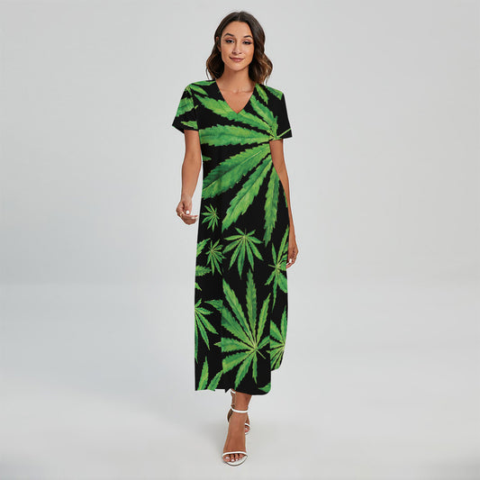 Watercolor Marijuana Leaf Pattern Print Short Sleeve Maxi Dress