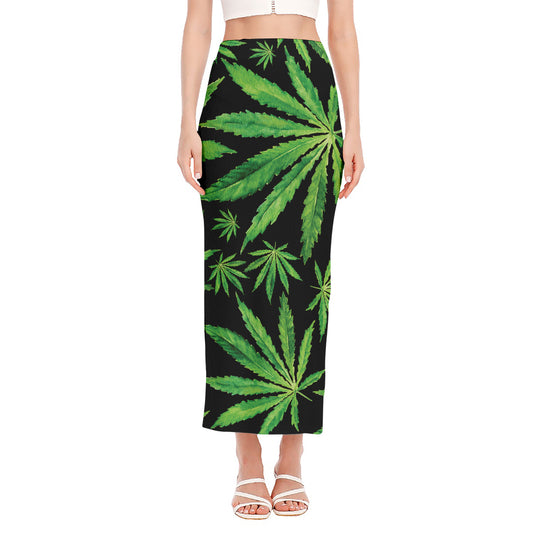 Watercolor Marijuana Leaf Pattern Print Side Slit Maxi Skirt