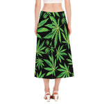 Watercolor Marijuana Leaf Pattern Print Side Slit Midi Skirt