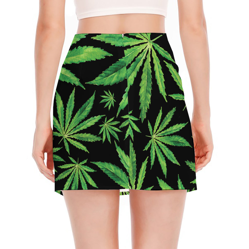 Watercolor Marijuana Leaf Pattern Print Side Slit Mini Skirt