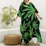 Watercolor Marijuana Leaf Pattern Print Silk V-Neck Kaftan Dress