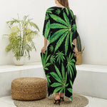 Watercolor Marijuana Leaf Pattern Print Silk V-Neck Kaftan Dress