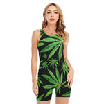 Watercolor Marijuana Leaf Pattern Print Sleeveless One Piece Swimsuit