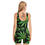 Watercolor Marijuana Leaf Pattern Print Sleeveless One Piece Swimsuit