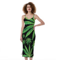 Watercolor Marijuana Leaf Pattern Print Slim Fit Midi Cami Dress