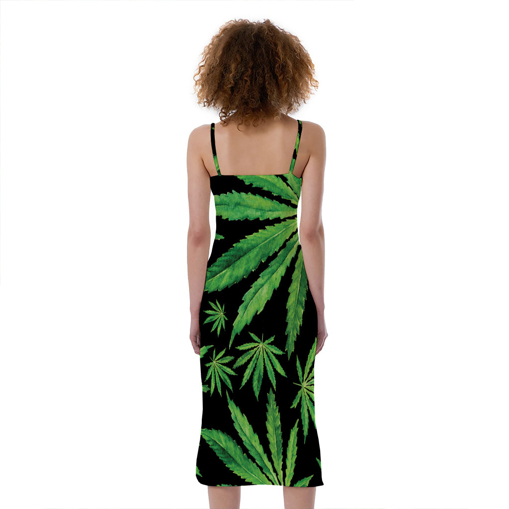 Watercolor Marijuana Leaf Pattern Print Slim Fit Midi Cami Dress