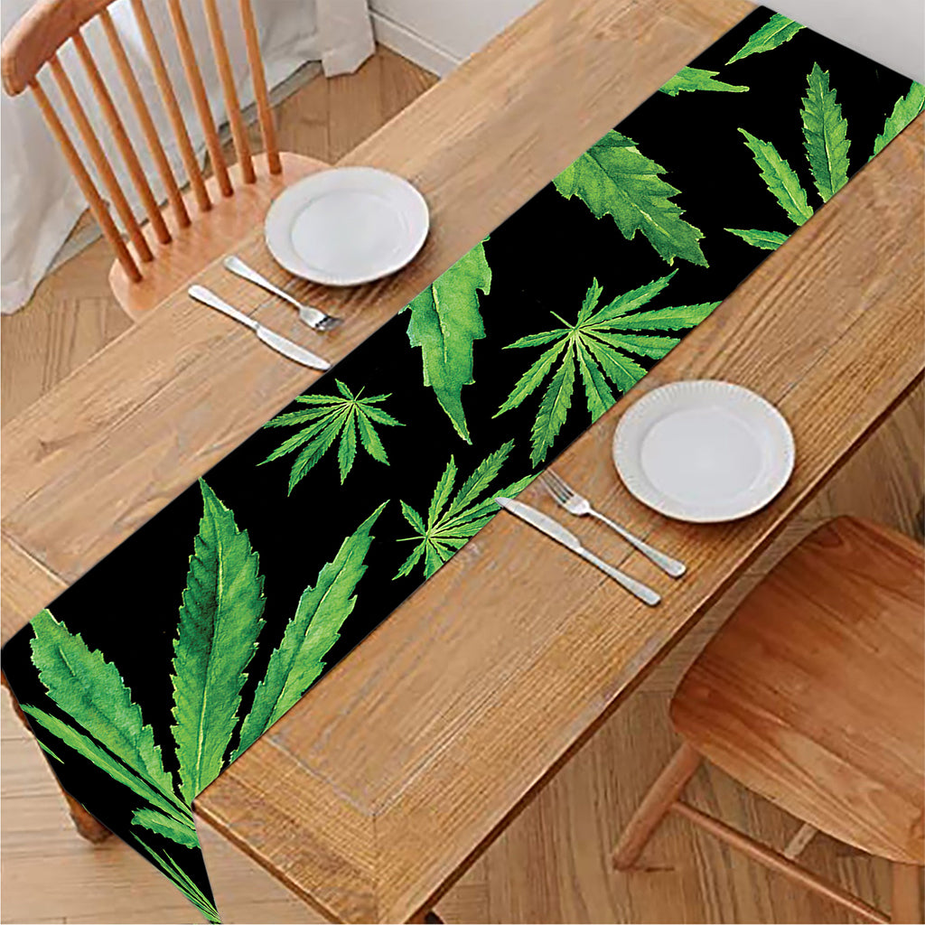 Watercolor Marijuana Leaf Pattern Print Table Runner