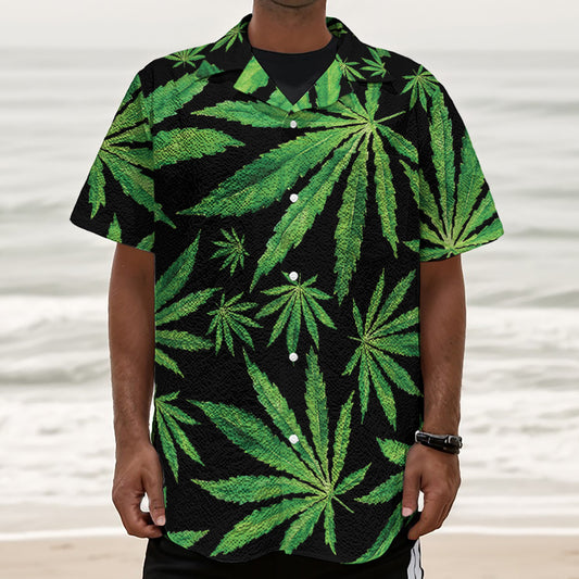 Watercolor Marijuana Leaf Pattern Print Textured Short Sleeve Shirt