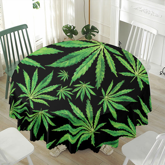 Watercolor Marijuana Leaf Pattern Print Waterproof Round Tablecloth