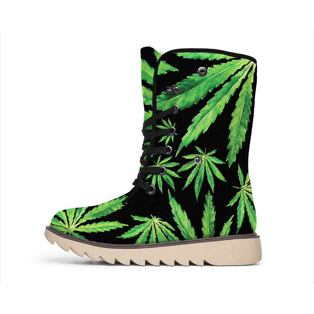 Watercolor Marijuana Leaf Pattern Print Winter Boots