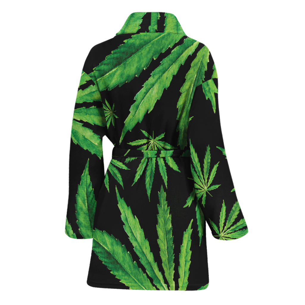 Watercolor Marijuana Leaf Pattern Print Women's Bathrobe