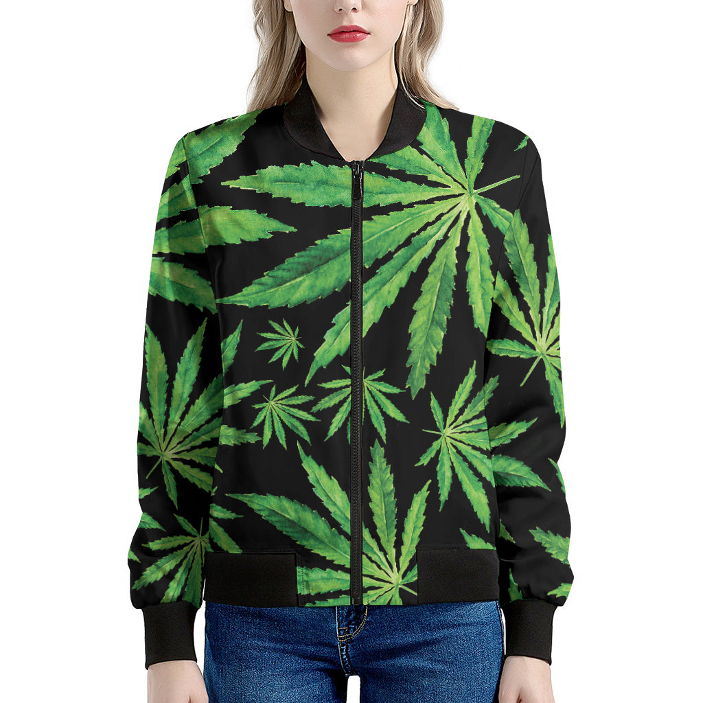 Watercolor Marijuana Leaf Pattern Print Women's Bomber Jacket