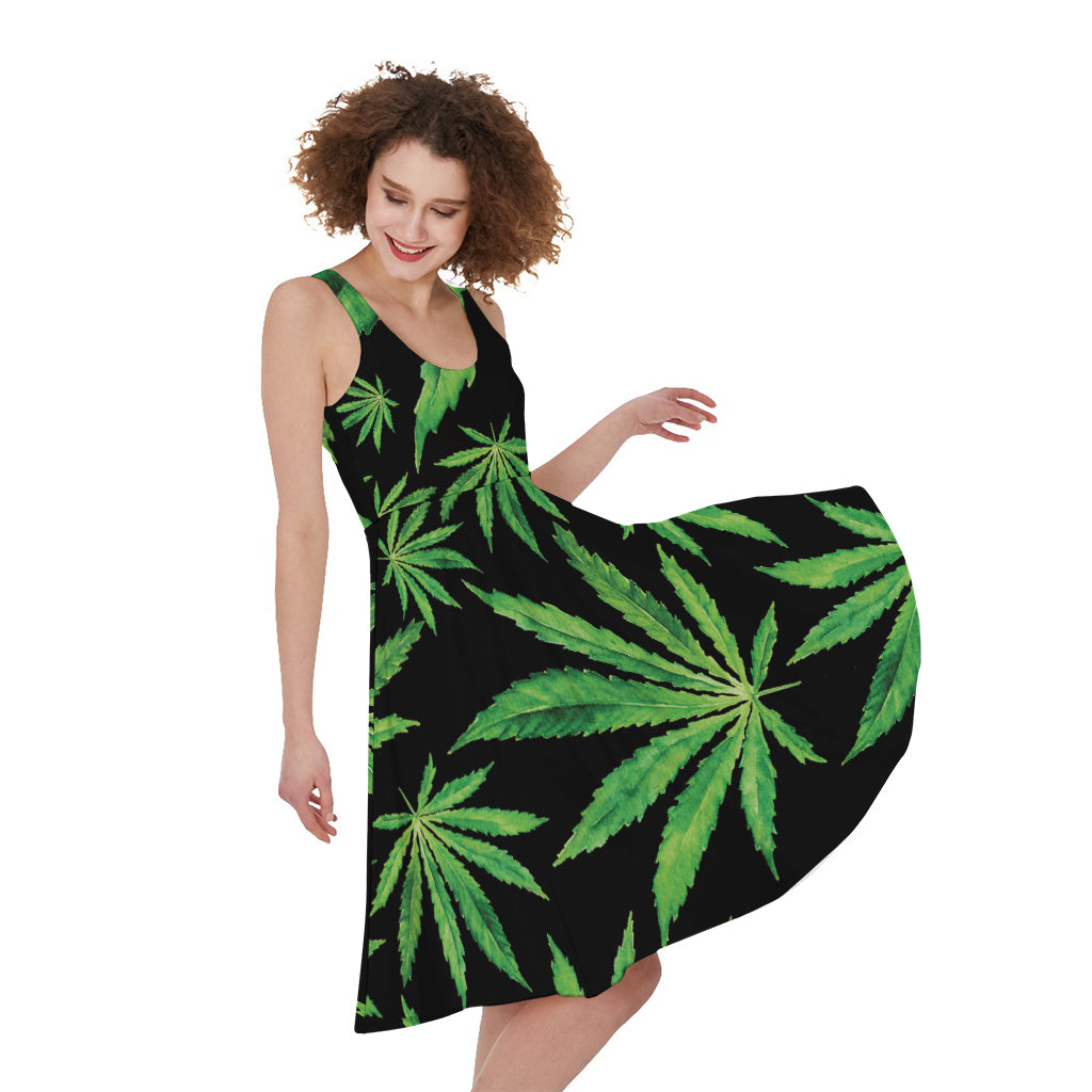 Watercolor Marijuana Leaf Pattern Print Women's Sleeveless Dress
