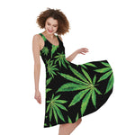 Watercolor Marijuana Leaf Pattern Print Women's Sleeveless Dress