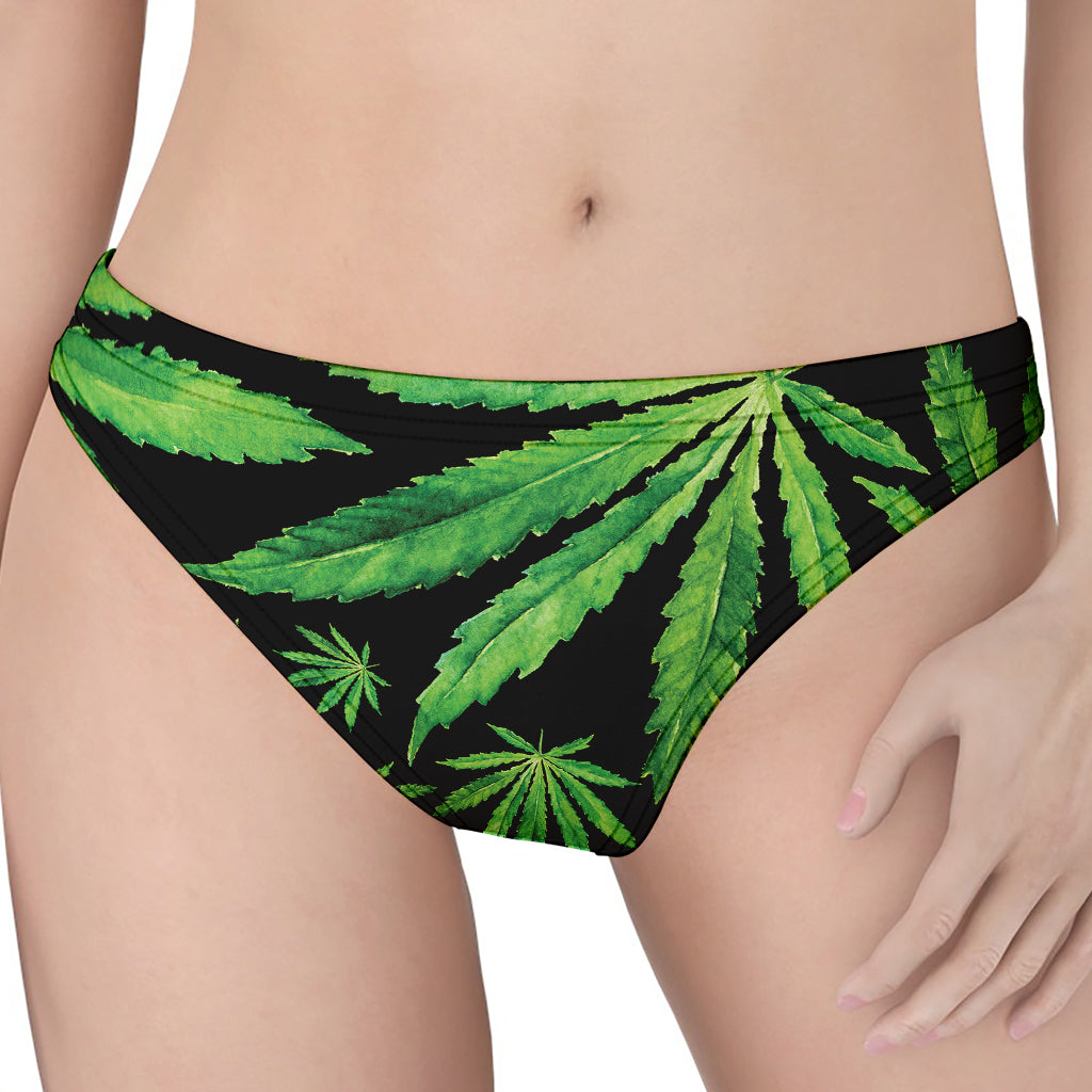 Watercolor Marijuana Leaf Pattern Print Women's Thong