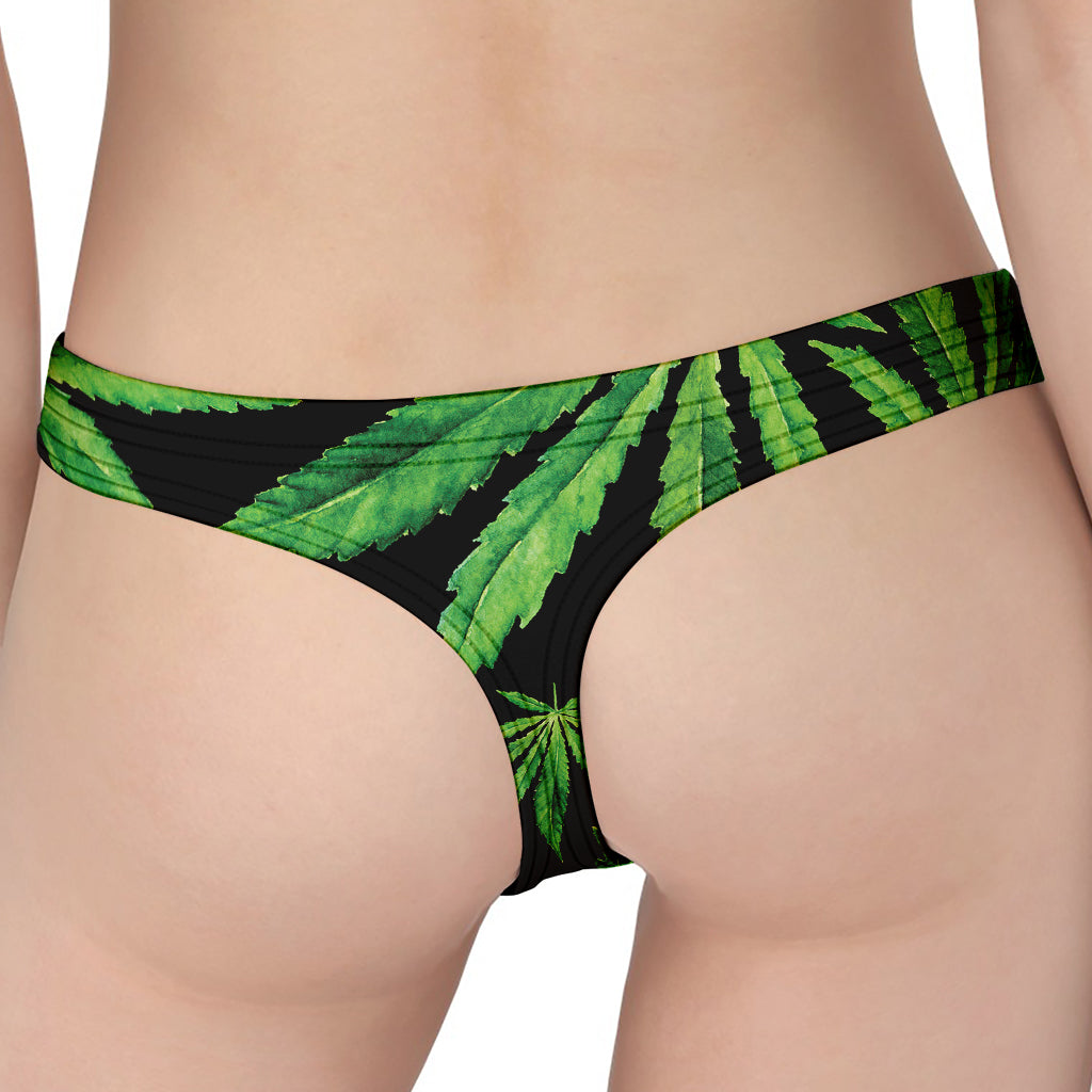 Watercolor Marijuana Leaf Pattern Print Women's Thong