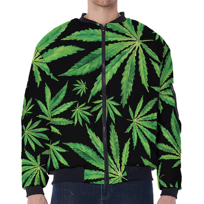 Watercolor Marijuana Leaf Pattern Print Zip Sleeve Bomber Jacket