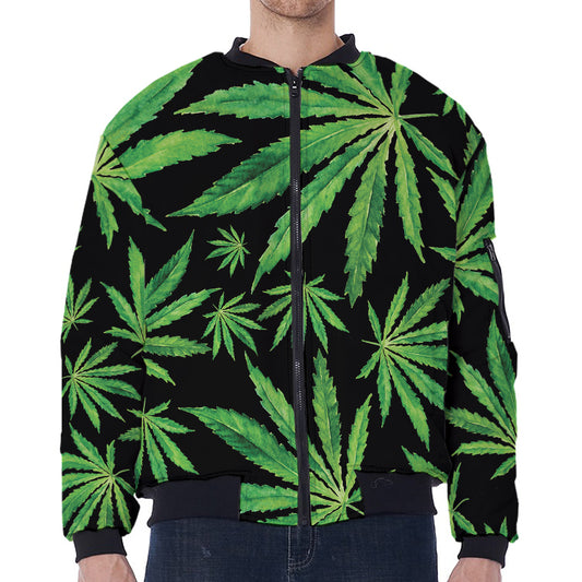 Watercolor Marijuana Leaf Pattern Print Zip Sleeve Bomber Jacket