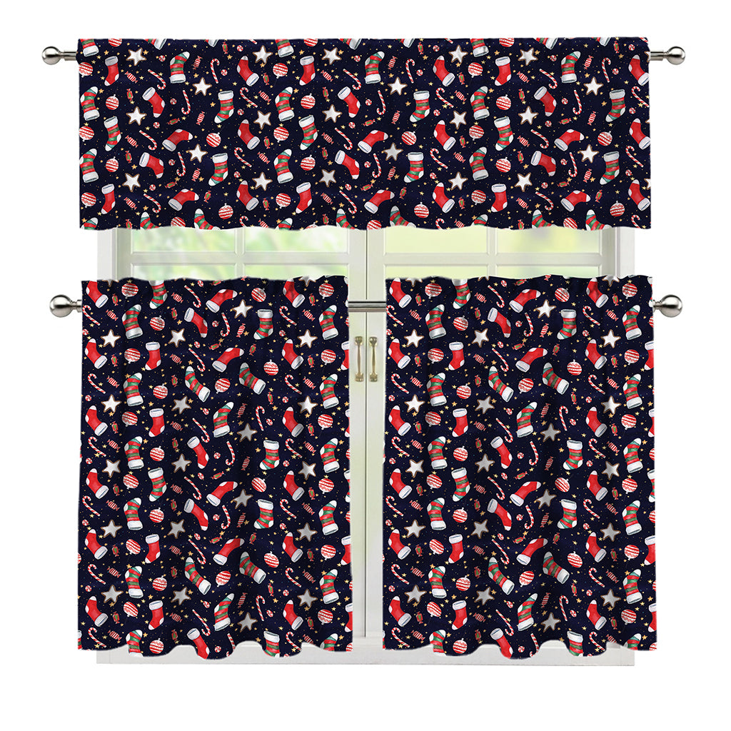 Watercolor Merry Christmas Pattern Print 3 Piece Kitchen Curtains