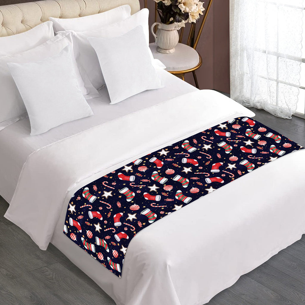 Watercolor Merry Christmas Pattern Print Bed Runner