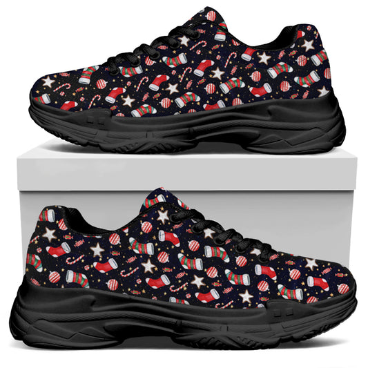 Watercolor Merry Christmas Pattern Print Black Chunky Shoes