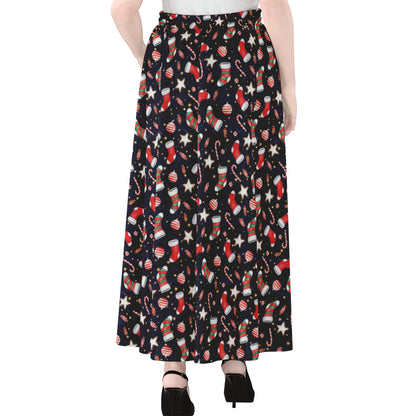 Watercolor Merry Christmas Pattern Print Chiffon Maxi Skirt