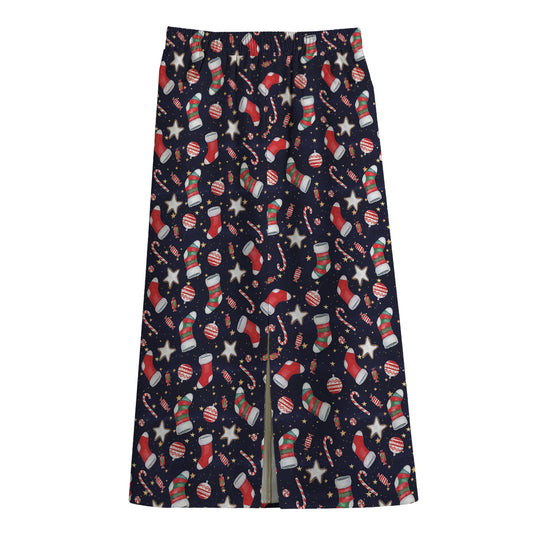 Watercolor Merry Christmas Pattern Print Cotton Front Slit Maxi Skirt