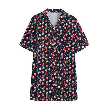 Watercolor Merry Christmas Pattern Print Cotton Hawaiian Shirt