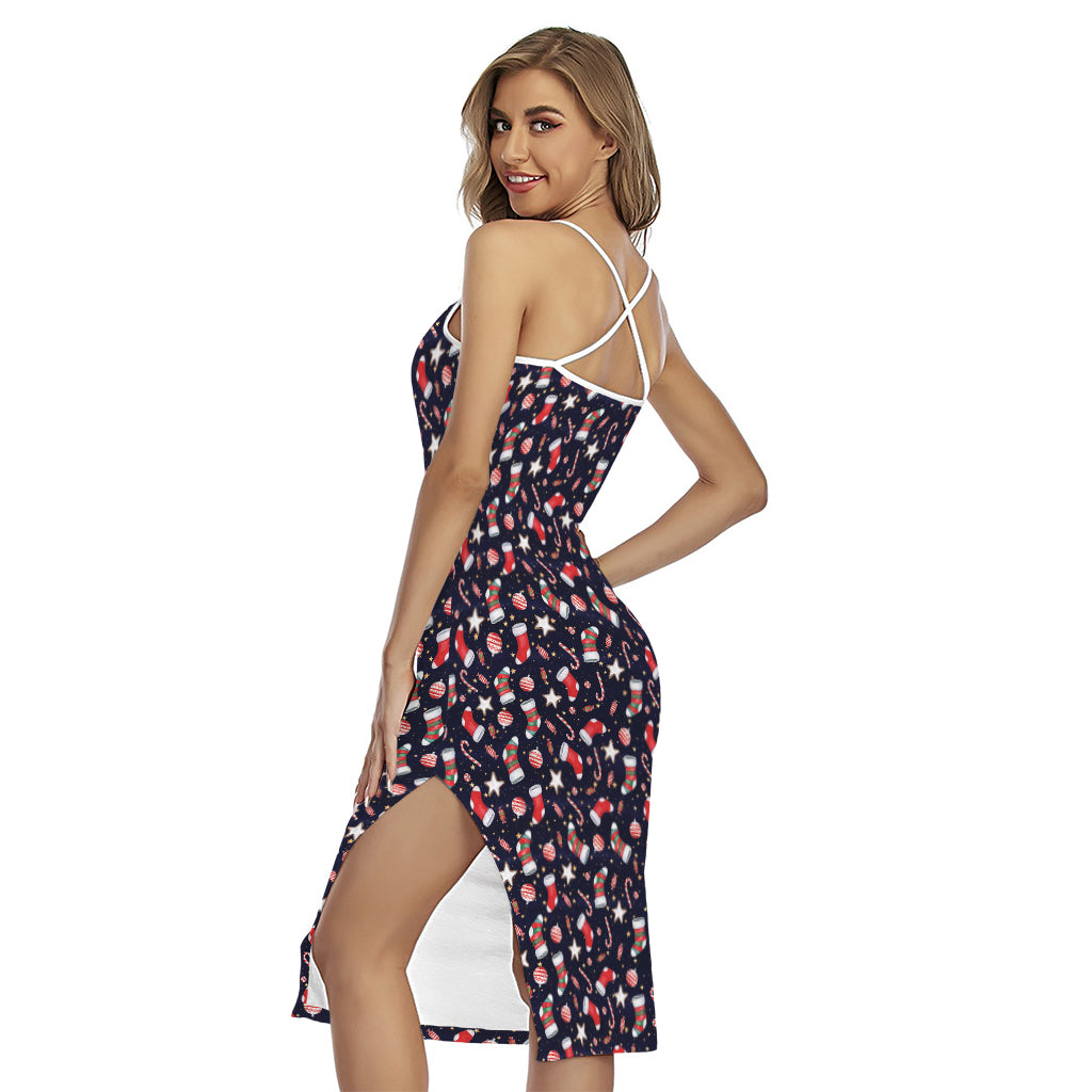 Watercolor Merry Christmas Pattern Print Cross Back Cami Dress