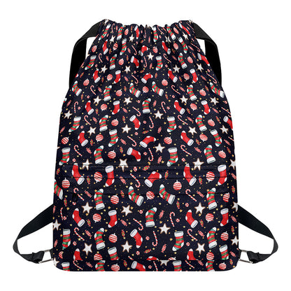 Watercolor Merry Christmas Pattern Print Drawstring Backpack