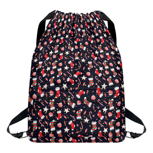 Watercolor Merry Christmas Pattern Print Drawstring Backpack