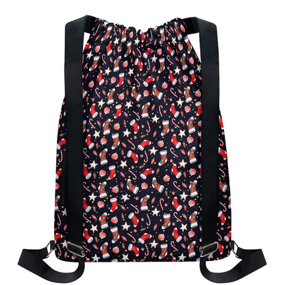 Watercolor Merry Christmas Pattern Print Drawstring Backpack