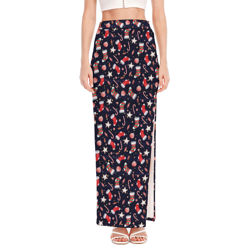 Watercolor Merry Christmas Pattern Print High Slit Maxi Skirt