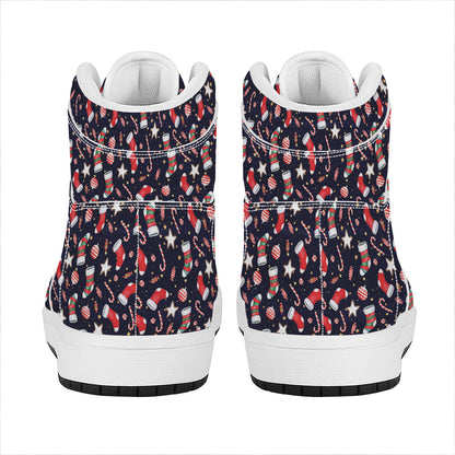 Watercolor Merry Christmas Pattern Print High Top Leather Sneakers