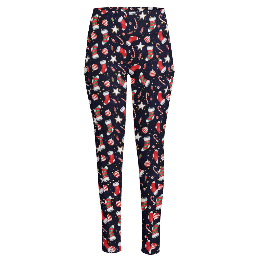 Watercolor Merry Christmas Pattern Print High-Waisted Pocket Leggings