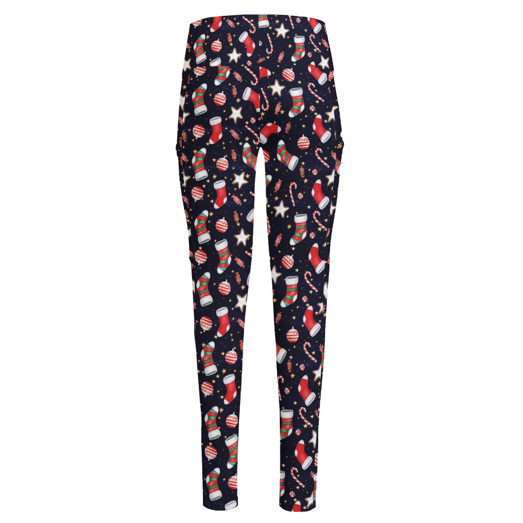 Watercolor Merry Christmas Pattern Print High-Waisted Pocket Leggings
