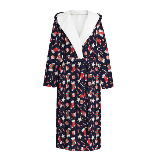 Watercolor Merry Christmas Pattern Print Hooded Bathrobe