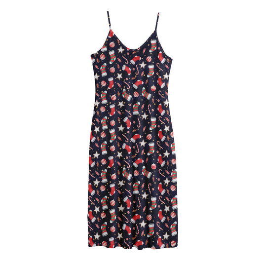 Watercolor Merry Christmas Pattern Print Jersey Midi Cami Dress