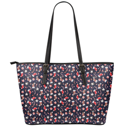 Watercolor Merry Christmas Pattern Print Leather Tote Bag