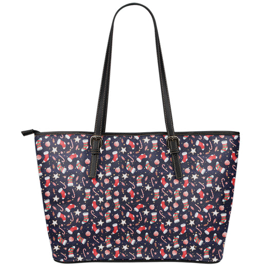 Watercolor Merry Christmas Pattern Print Leather Tote Bag