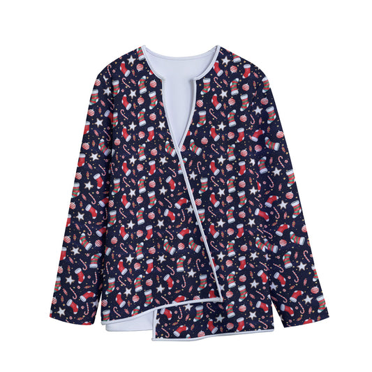 Watercolor Merry Christmas Pattern Print Long Sleeve Short Coat