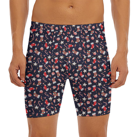 Watercolor Merry Christmas Pattern Print Men's Long Boxer Briefs