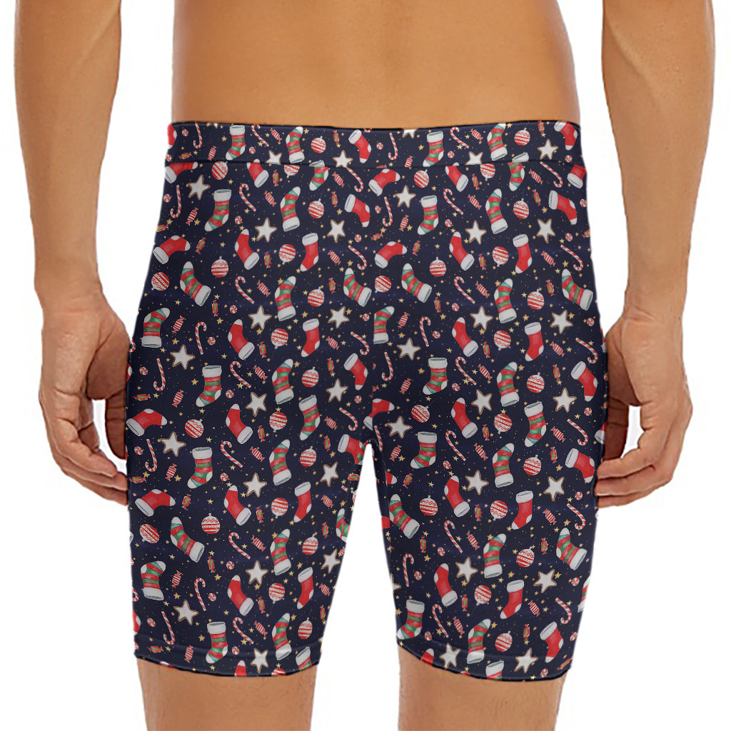 Watercolor Merry Christmas Pattern Print Men's Long Boxer Briefs