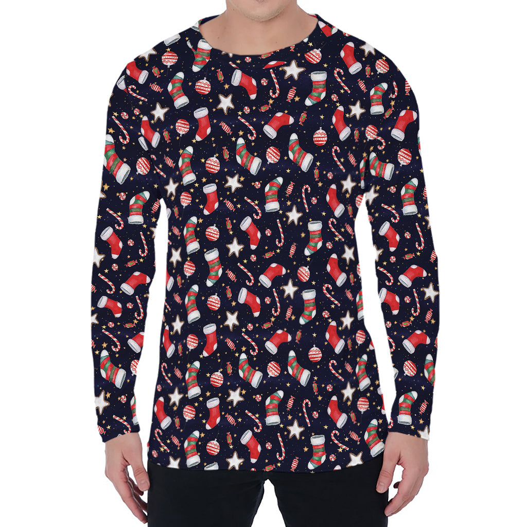 Watercolor Merry Christmas Pattern Print Men's Long Sleeve T-Shirt